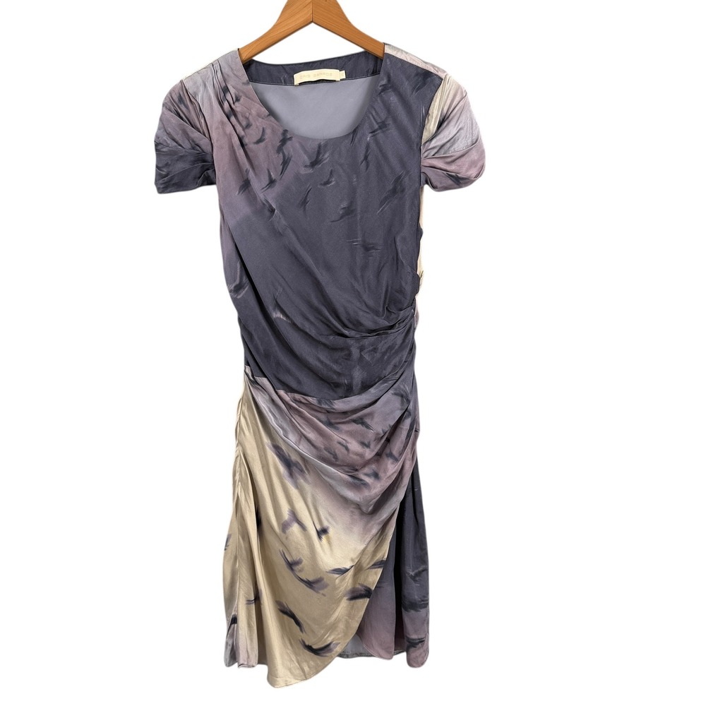 Cris Barros Dress Size 40 US Medium Purple Ombre Bird Print Ruched Silk Blend